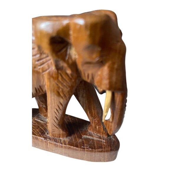 Vintage Hand Carved Teakwood Elephant Sculpture Tusks on Base 4 x 4" - Picture 2 of 6